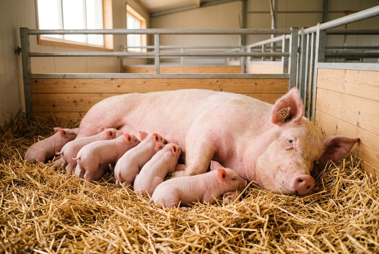 Yorkshire piglets in clean straw farrowing pen