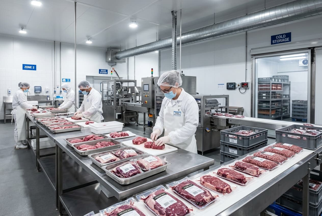Hygienic pig meat processing and vacuum packing facility